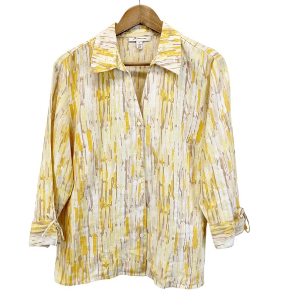 JM Collection Womens Sz 12 100% Linen Button Front Top Yellow Cream Tie Cuff - Picture 1 of 7